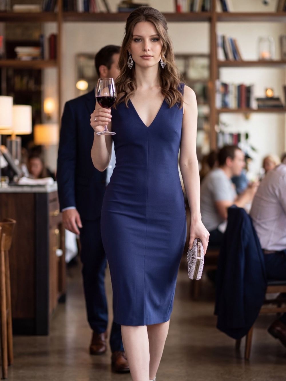 Navy v neck body-con sheath cocktail dress by Likely size 4-6